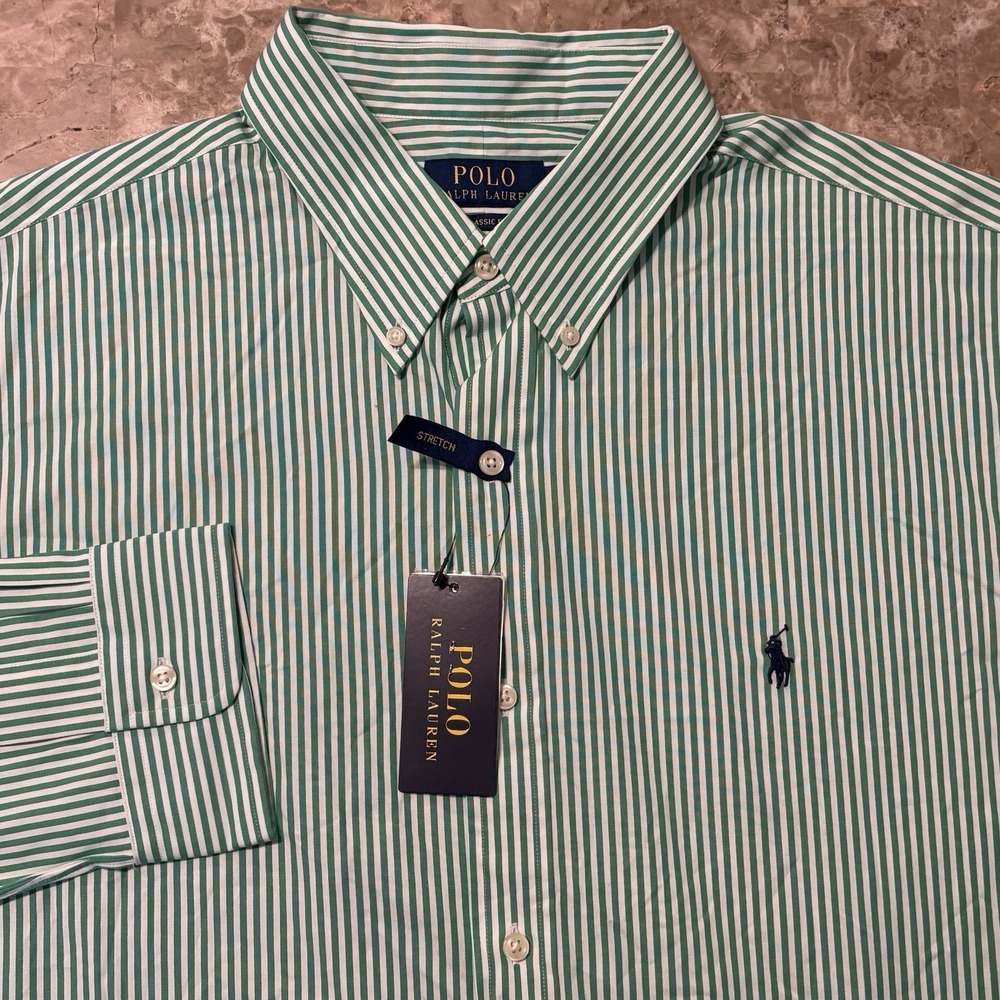 Polo Ralph Lauren Shirt Mens XL 17.5 Green Stripes Long Sleeve Button Stretch